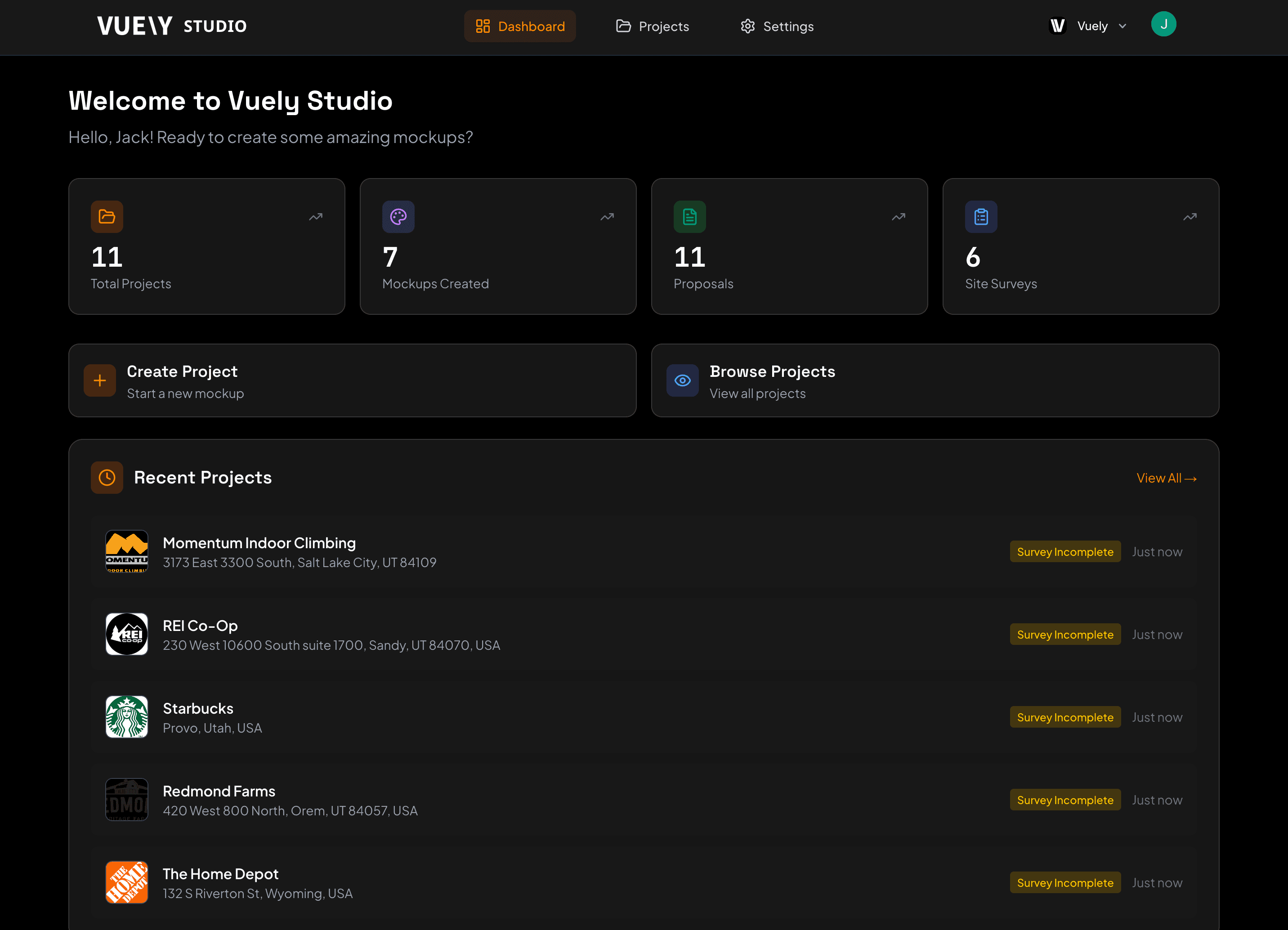 Vuely Studio dashboard preview